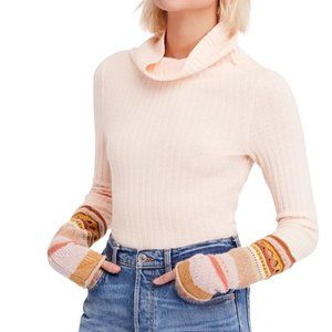 Free People Light Pink Mix Up Cuff Thermal Long Sleeve Cowl Neck Ribbed